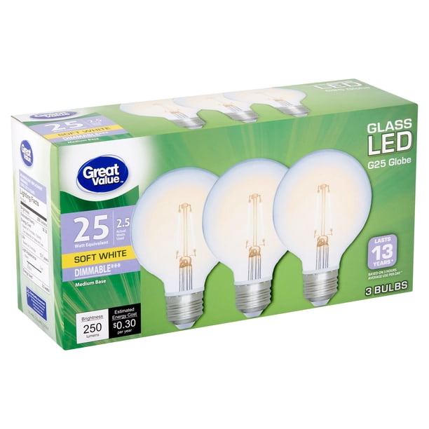 Great Value LED Glass 2.5 Watts Soft White Medium Base Bulbs, 3 count