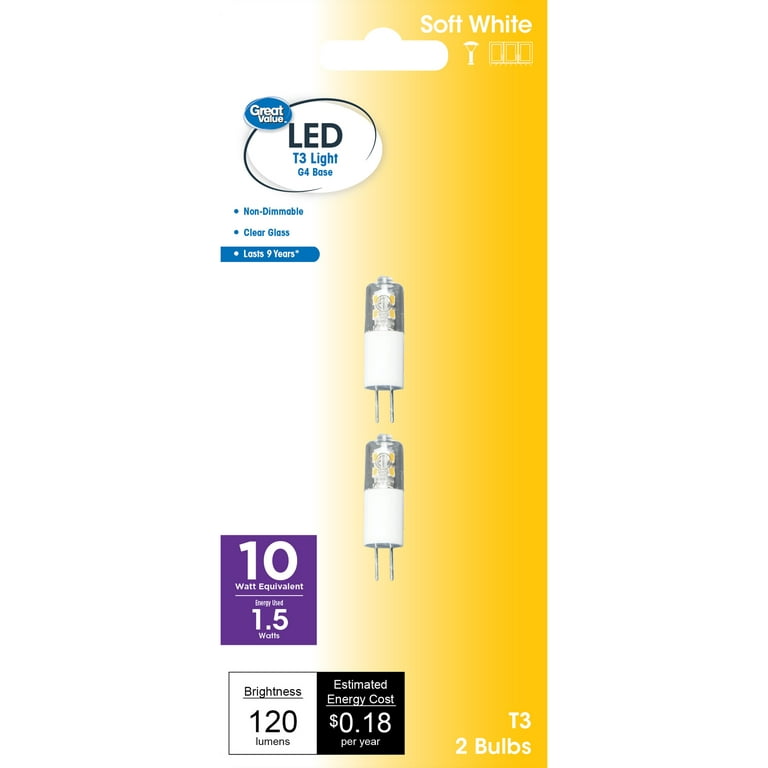 Tåget krybdyr Skat Great Value LED Light Bulb, 1.5 Watts (10W Eqv.) T3 Lamp G4 Base,  Non-dimmable, 2-Pack, Soft White - Walmart.com