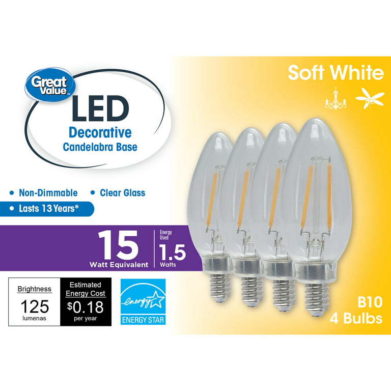 Lull næse Angreb Great Value LED Light Bulb, 1.5 Watts (15W Equivalent) B10 Deco Lamp E12  Candelabra Base, Non-dimmable, Soft White, 4-Pack - Walmart.com