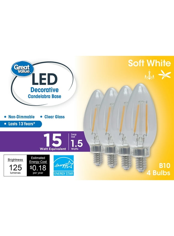 Great Value LED Light Bulb, 1.5 Watts (15W Equivalent) B10 Deco Lamp E12 Candelabra Base, Non-dimmable, Soft White, 4-Pack