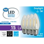 Great Value LED Light Bulb, 1.5W (15W Equivalent) B10 Deco Lamp E26 Medium Base, Non-Dimmable, Daylight, 4-Pack