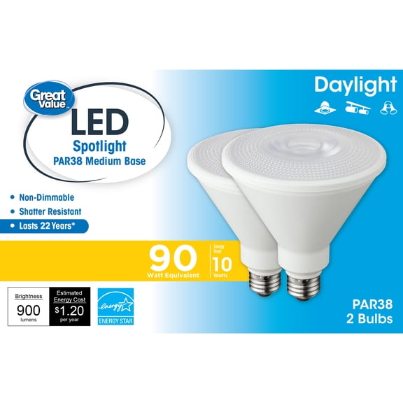 Great Value LED Light Bulb, 10 Watts (90W Equivalent) PAR38 Floodlight Lamp, E26 Medium Base, Non-Dimmable, Daylight, 2-Pack