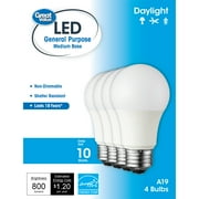 Great Value LED Light Bulb, 10W (60W Equivalent) 18Y, A19 General Purpose Lamp E26 Medium Base, Non-Dimmable, Daylight, 4-Pack