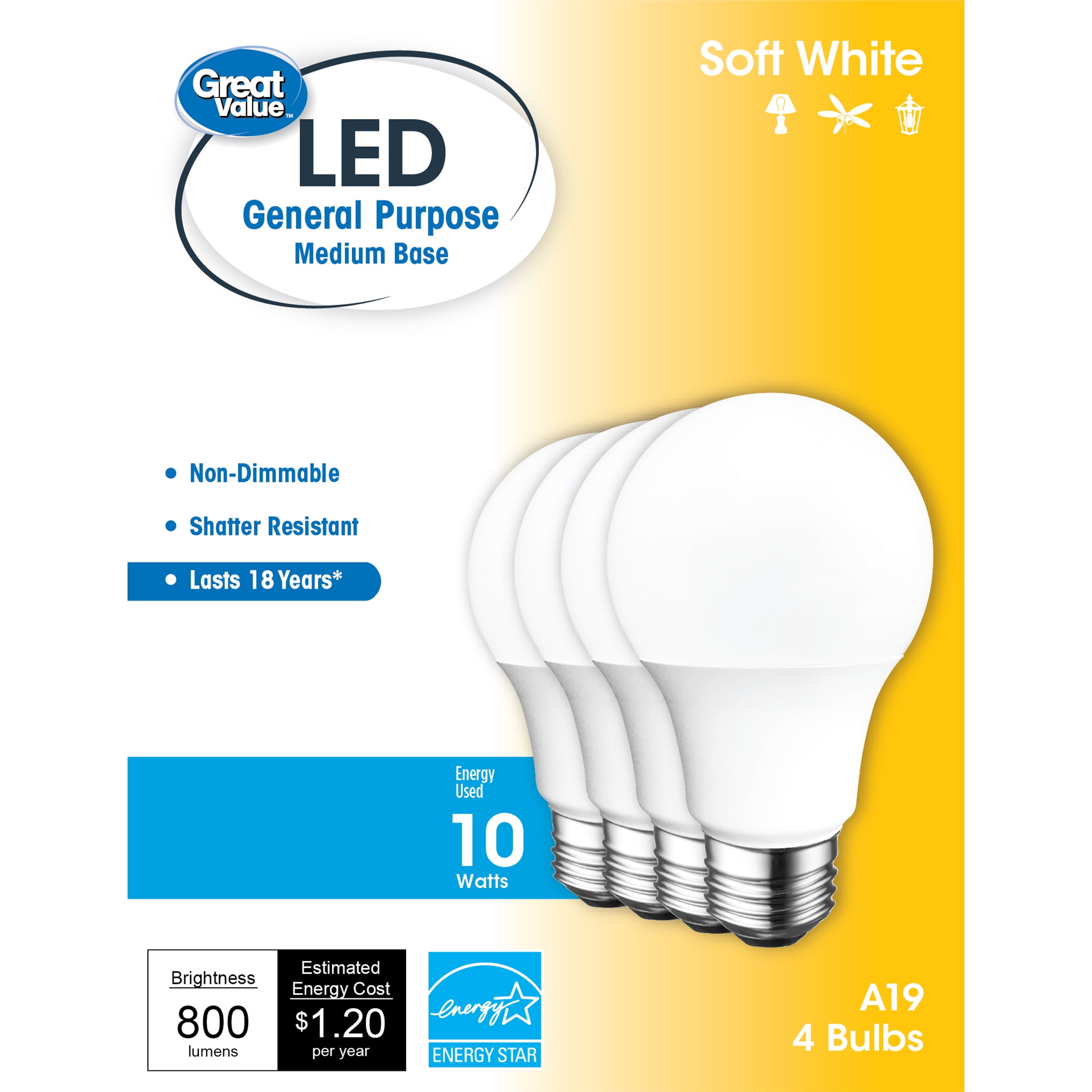 Great Value LED Light Bulb, 10W (60W Equivalent) 18Y, A19 General Purpose Lamp E26 Medium Base, Non-Dimmable, Soft White, 4-Pack