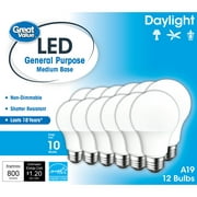 Great Value LED Light Bulb, 10W (60W Equivalent) 18Y, A19 General Purpose Lamp E26 Medium Base, Non-dimmable, Daylight, 12-Pack