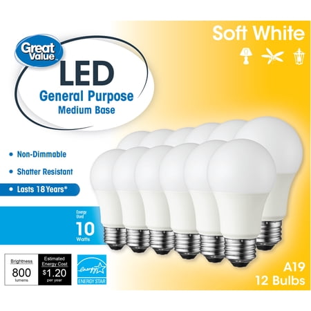 Great Value LED Light Bulb, 10W (60W Equivalent) 18Y, A19 General Purpose Lamp E26 Medium Base, Non-dimmable, Soft White, 12-Pack