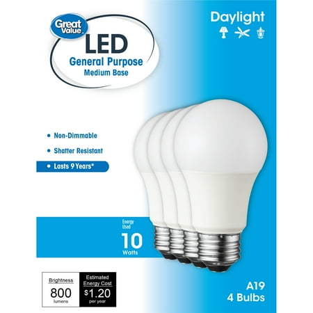 Great Value LED Light Bulb, 10W (60W Equivalent) A19 General Purpose Lamp E26 Medium Base, Non-dimmable, Daylight, 4-Pack