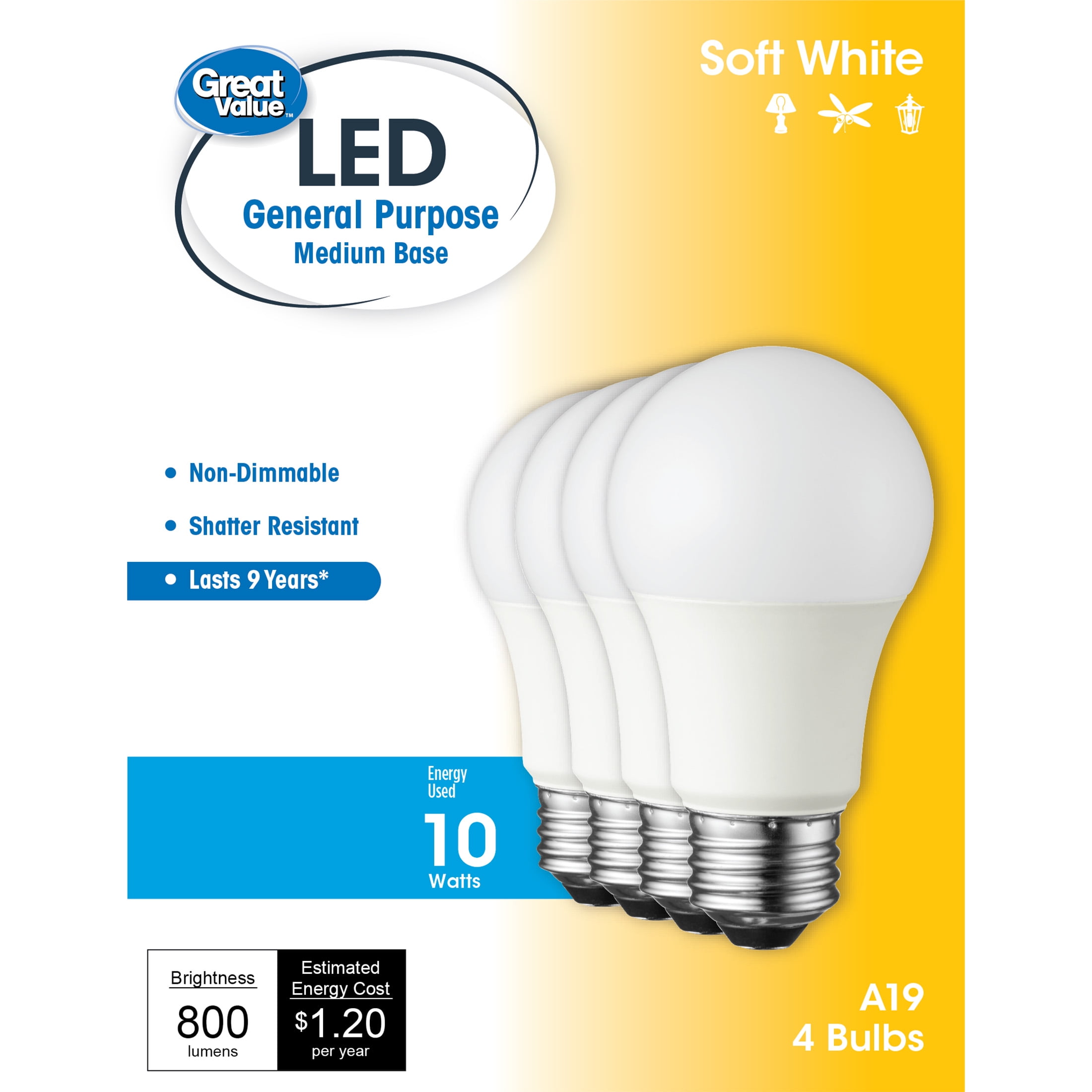 tilbede Forfølge scene Great Value LED Light Bulb, 10W (60W Equivalent) A19 General Purpose Lamp  E26 Medium Base, Non-dimmable, Soft White, 4-Pack - Walmart.com