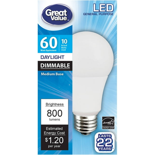 Great Value LED Light Bulb, 10W (60W Equivalent) A19 Lamp E26 Medium Base, Dimmable, Daylight