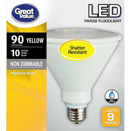 Great Value LED Light Bulb, 10W (90W Equivalent) PAR38 Floodlight Lamp E26 Medium Base, Non-dimmable, Yellow, 1-Pack