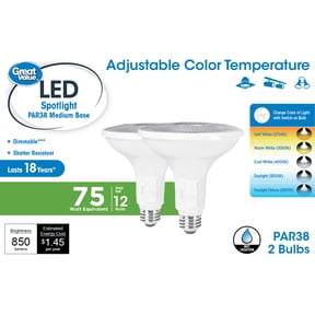 Great Value LED Light Bulb, 11 Watts (75W Equivalent) PAR38 Floodlight Lamp E26 Medium Base, Dimmable, CCT, 2-Pack