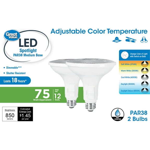 Great Value LED Light Bulb, 11 Watts (75W Equivalent) PAR38 Floodlight Lamp E26 Medium Base, Dimmable, CCT, 2-Pack