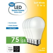 Great Value LED Light Bulb, 12.5 Watts (75W Equivalent) A19 General Purpose Lamp E26 Medium Base, Non-dimmable, Soft White, 9yr, 4PK