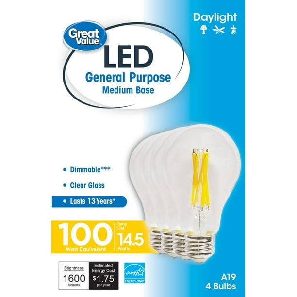 Great Value LED Light Bulb, 12.5W (100W Equivalent) A19 Clear Glass E26 Base, Dimmable, Daylight