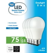 Great Value LED Light Bulb, 12.5W (75W Equivalent) A19 General Purpose Lamp E26 Medium Base, Non-dimmable, Daylight, 9yr, 4-Pack