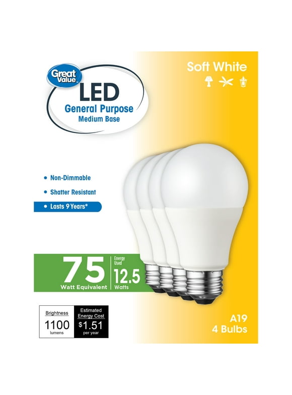Great Value LED Light Bulb, 12.5W (75W Equivalent) A19 General Purpose Lamp E26 Medium Base, Non-dimmable, Soft White, 4-Pack