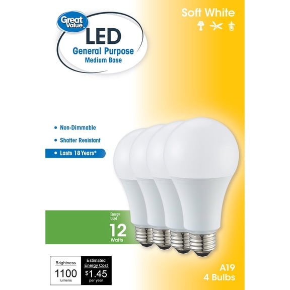 Great Value LED Light Bulb, 12W (75W Equivalent) 18Y, A19 General Purpose Lamp E26 Medium Base, Non-Dimmable, Soft White, 4-Pack