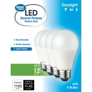 Great Value LED Light Bulb, 12W (75W Equivalent) A19 General Purpose Lamp E26 Medium Base, Non-dimmable, Daylight, 4-Pack