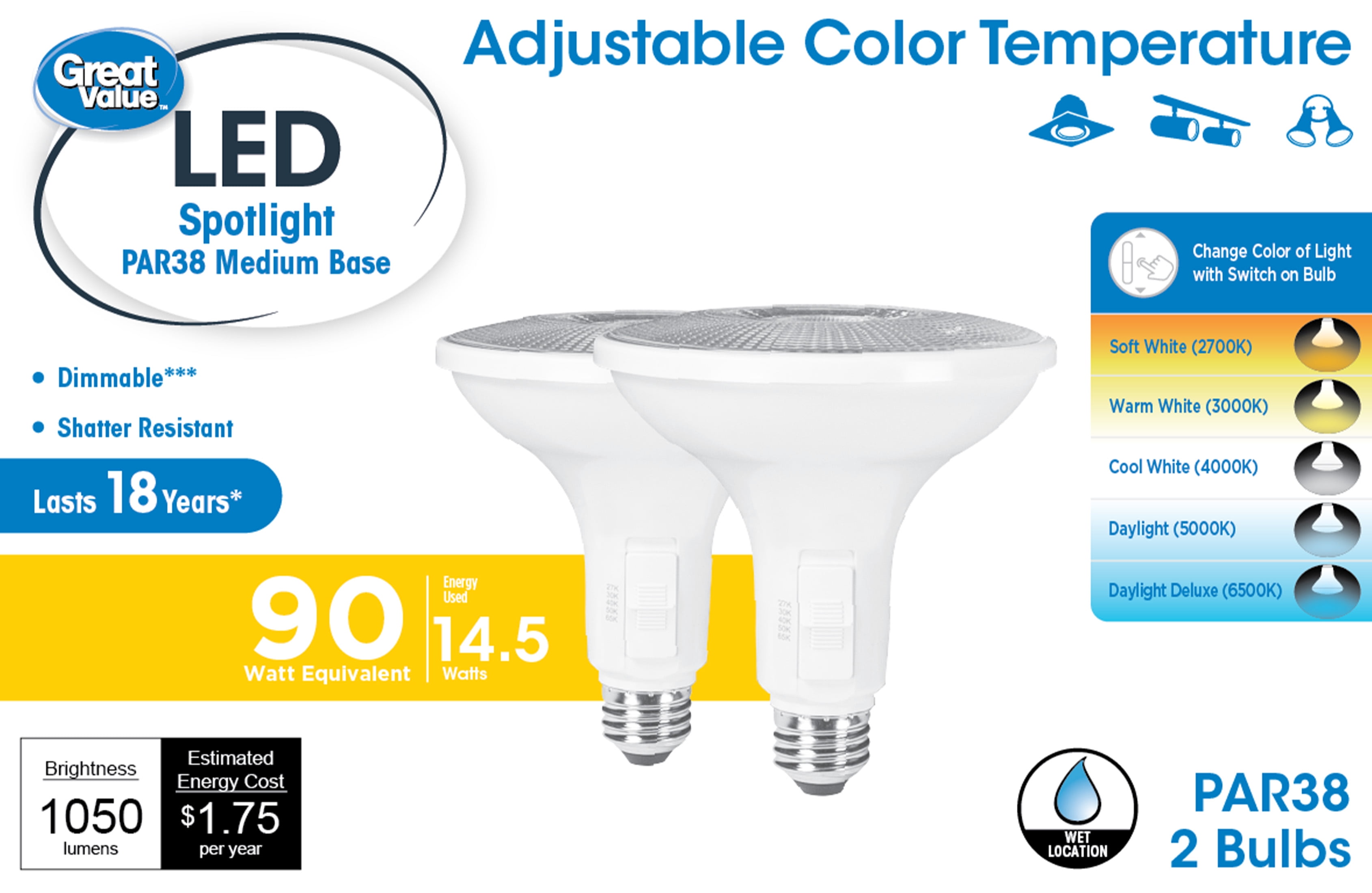 Great Value LED Light Bulb, 13.5 Watts (90W Equivalent) PAR38 Floodlight Lamp E26 Medium Base, Dimmable, CCT, 2-Pack