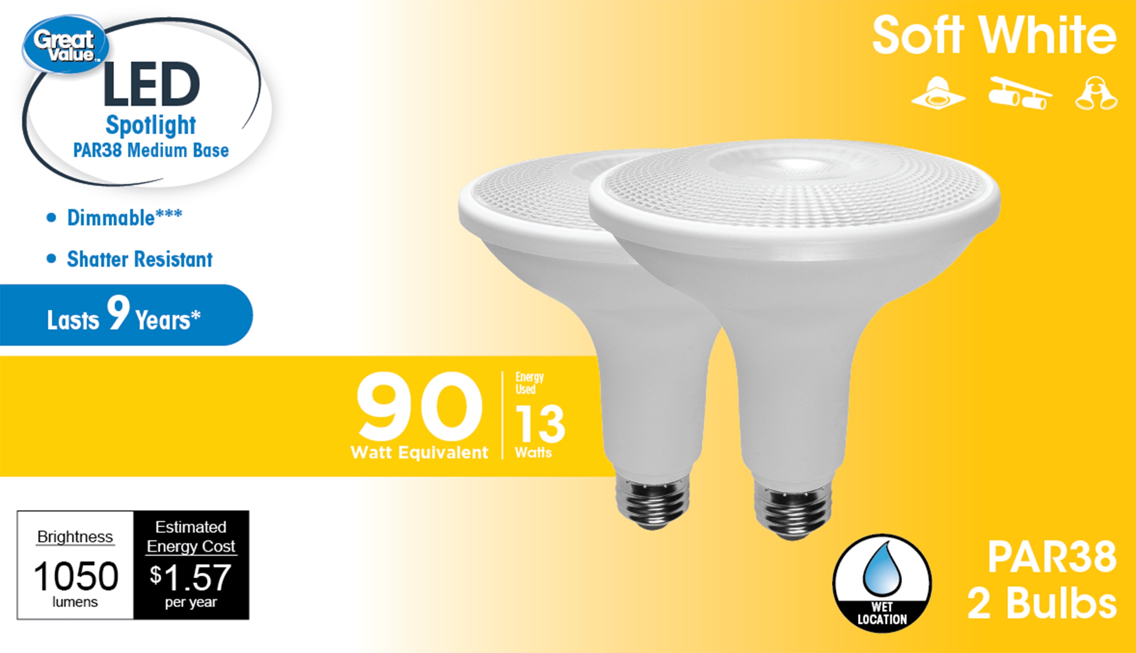 Great Value PAR38 LED 13W (90W Equivalent) Soft White Floodlight Medium Base Light Bulbs, Dimmable, 2 Pack