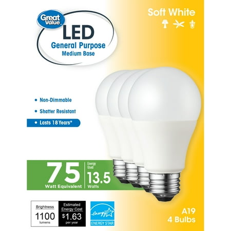 Great Value LED Light Bulb, 13.5W (75W Equivalent) 18Y, A19 General Purpose Lamp E26 Medium Base, Non-dimmable, Soft White, 4-Pack