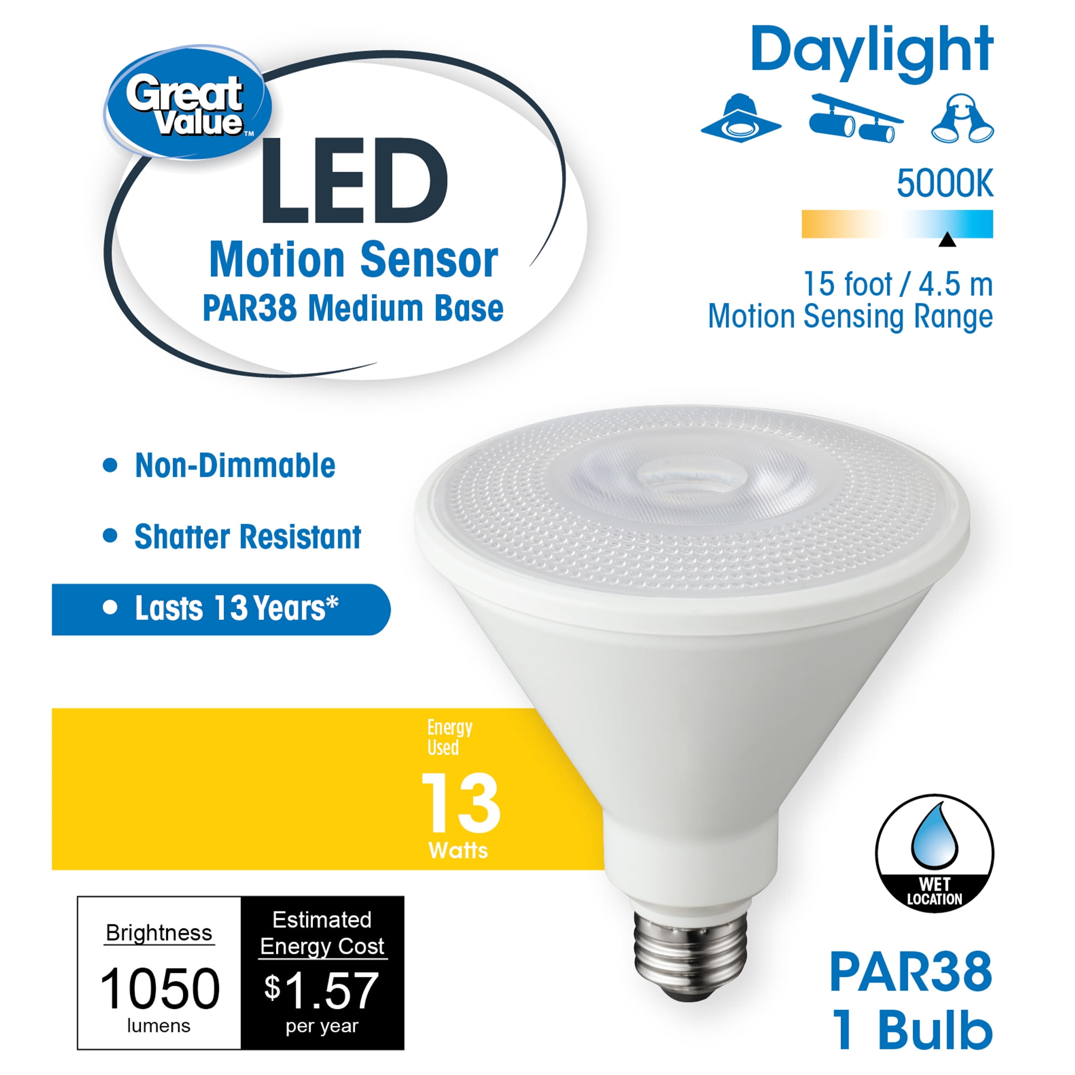 Great Value LED Light Bulb, 13 Watts (90W Equivalent) PAR38 Floodlight Motion Sensor Lamp E26 Medium Base, Non-dimmable, Daylight, 1-Pack