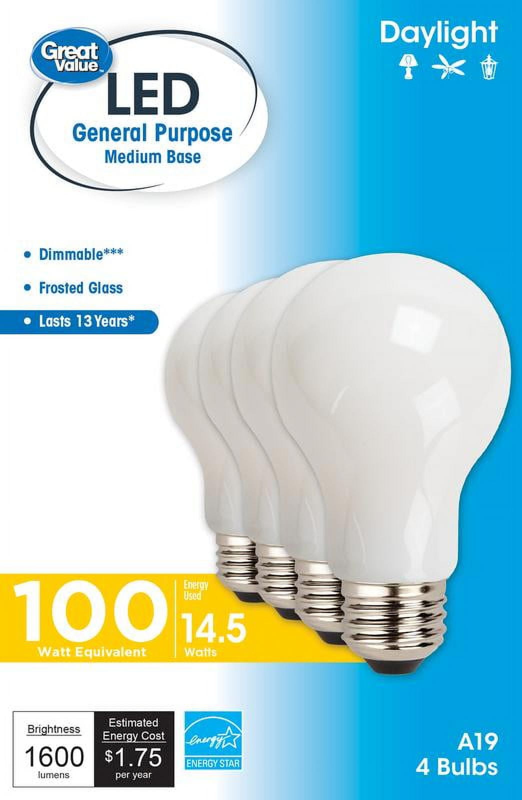 Great Value LED Light Bulb, 13W (100W Equivalent) A19 Frosted Glass E26