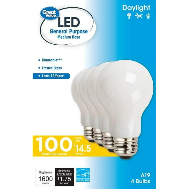 Great Value LED Light Bulb, 13W (100W Equivalent) A19 Frosted Glass E26