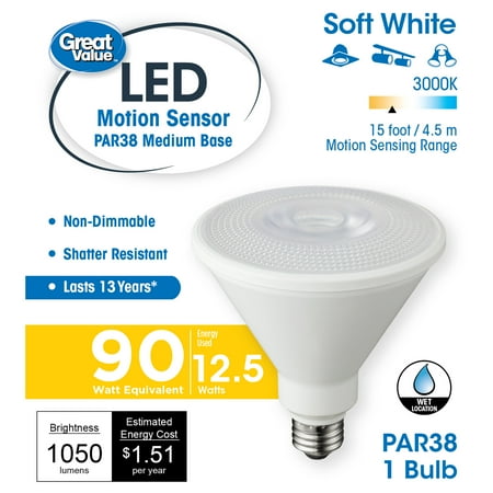 Great Value PAR38 LED Motion Sensor Light Bulb, 13W (90W Equivalent), E26 Medium Base, Soft White