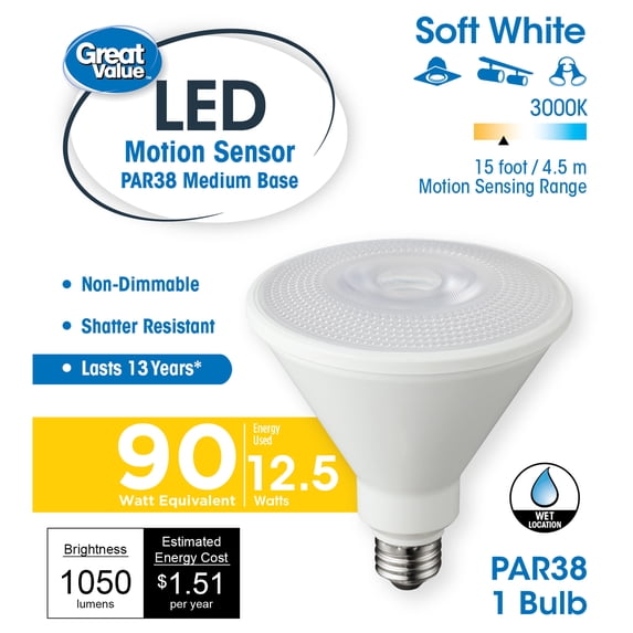 Great Value LED Light Bulb, 13W (90W Equivalent) PAR38 Motion Sensor Lamp E26 Medium Base, Soft White