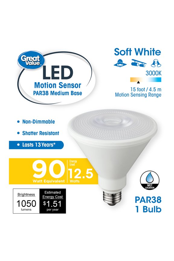 LED Light Bulb, 13W (90W Equivalent) PAR38 Motion Sensor Lamp E26 Medium Base, Soft White