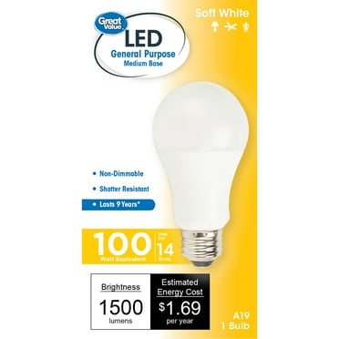 Great Value LED Light Bulb, 14 Watts (100W Equivalent) A19 General Purpose Lamp E26 Medium Base, Non-Dimmable, Soft White, 9yr, 1PK
