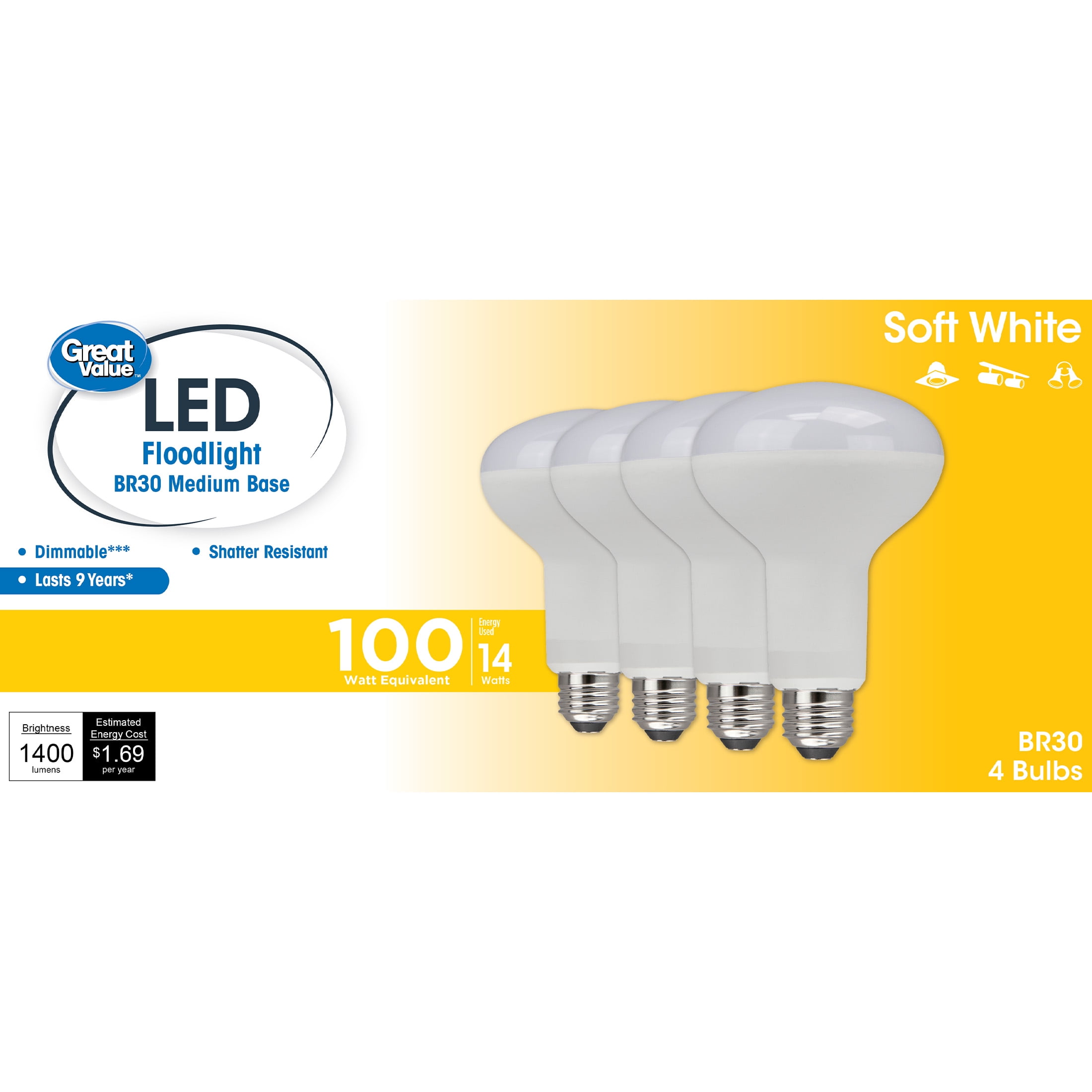Great Value LED Light Bulb, 14 Watts (100W Equivalent) BR30 Floodlight Lamp E26 Medium Base, Dimmable, Soft White, 4-Pack