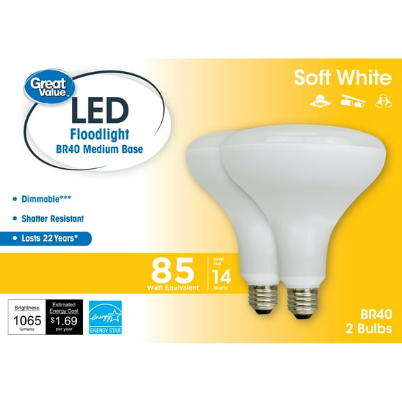 Great Value LED Light Bulb, 14 Watts (85W Equivalent) BR40 Floodlight Lamp E26 Medium Base, Dimmable, Soft White, 2-Pack