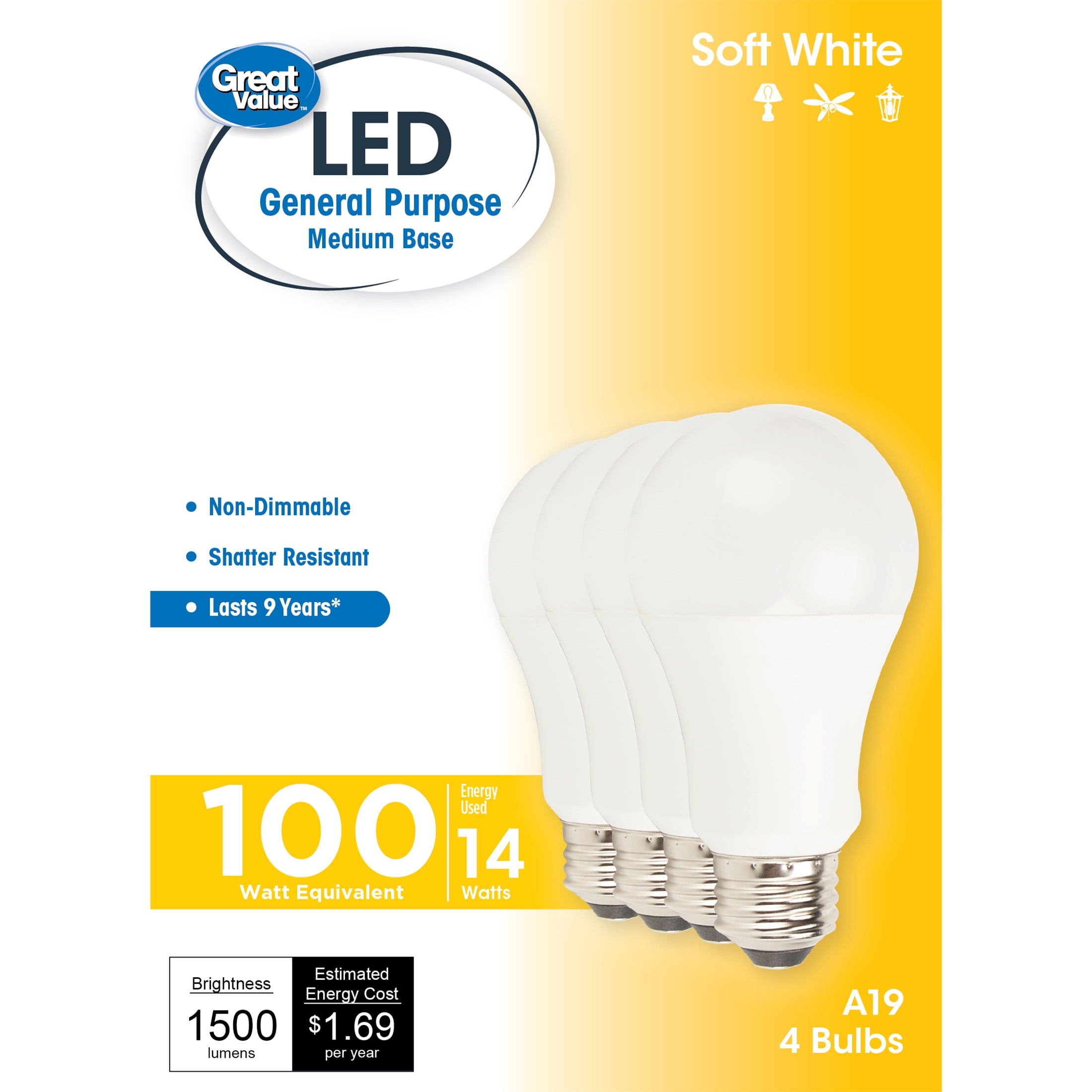 Great Value LED Light Bulb, 14W (100W Equivalent) A19 General Purpose Lamp E26 Medium Base, Non-dimmable, Soft 4-Pack - Walmart.com