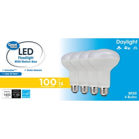 Great Value LED Light Bulb, 14W (100W Equivalent) BR30 Floodlight E26 Medium Base, Dimmable, Daylight, 4-Pack