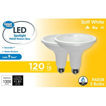Great Value LED Light Bulb, 15 Watts (120W Equivalent) PAR38 Floodlight Lamp E26 Medium Base, Dimmable, Soft White, 2-Pack
