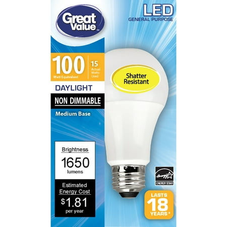 Great Value LED Light Bulb, 15W (100W Equivalent) A19 General Purpose Lamp E26 Medium Base, Non-dimmable, Daylight, 1-Pack