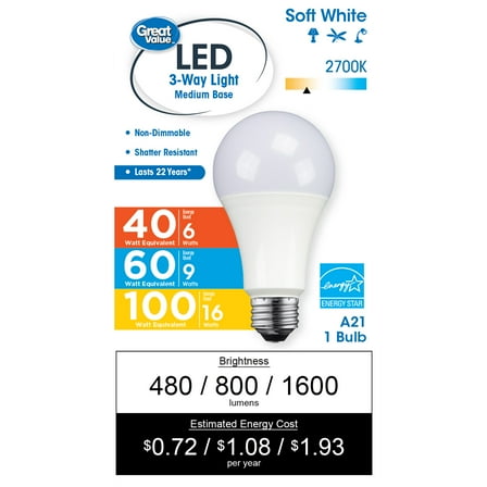 Great Value LED Light Bulb, 16W (100W Equivalent) 3-way Lamp E26 Medium Base, Non-Dimmable, Soft White, 1-Pack