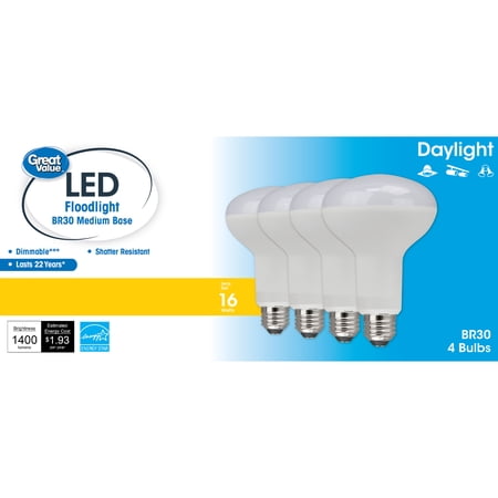 Great Value LED Light Bulb, 16W (100W Equivalent) BR30 Floodlight E26 Medium Base, Dimmable, Daylight, 4-Pack