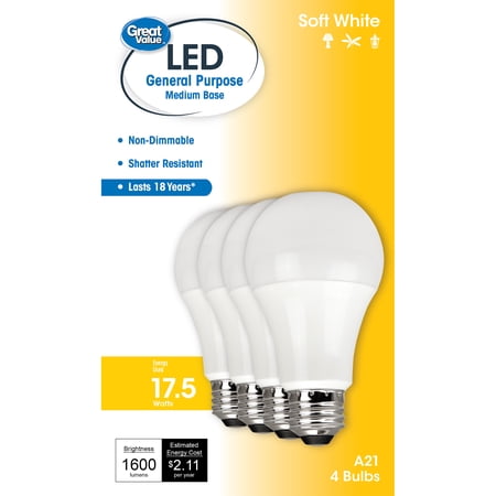 Great Value LED Light Bulb, 17.5W (100W Equivalent) 18Y, A21 General Purpose Lamp E26 Medium Base, Non-Dimmable, Soft White, 4-Pack
