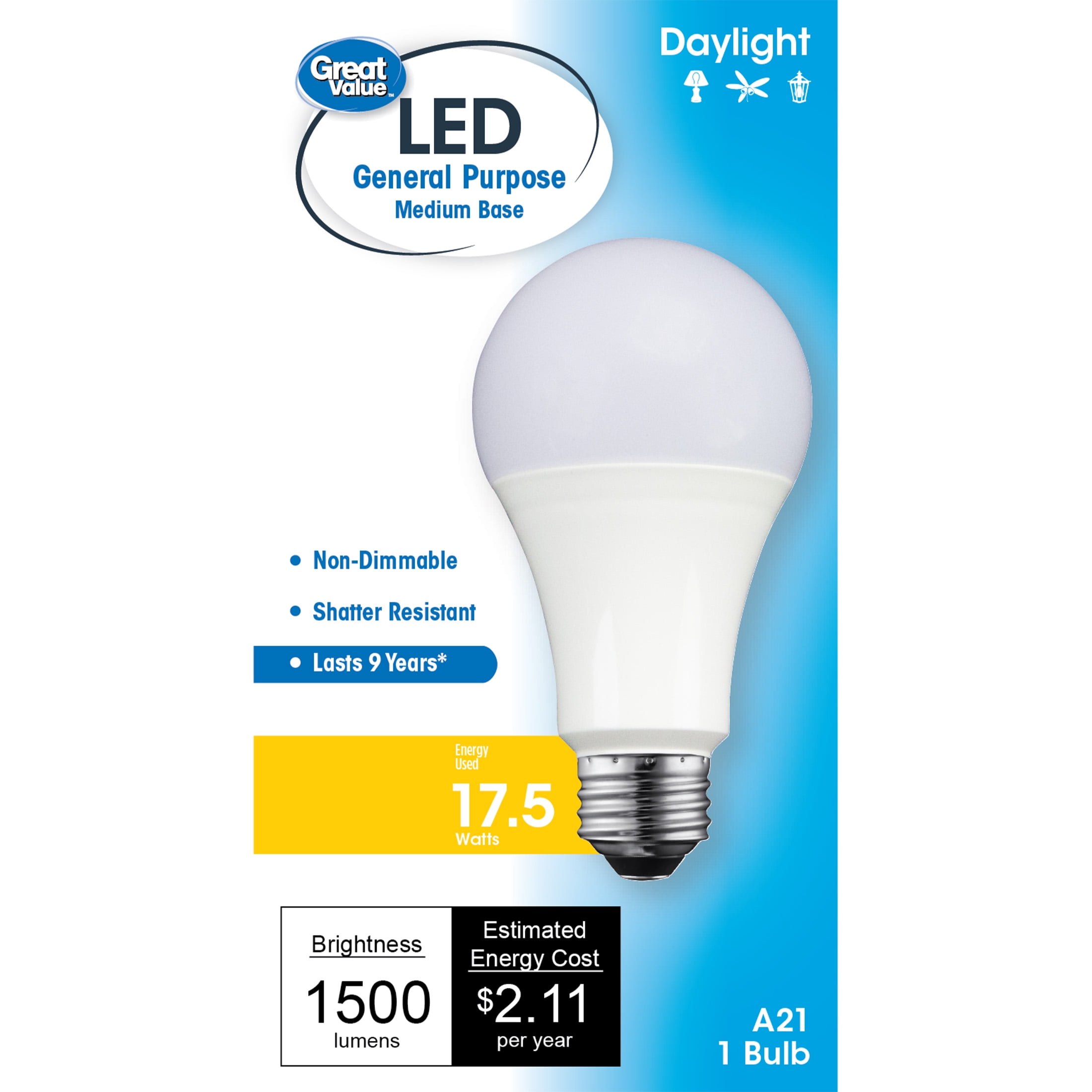 Great Value LED Light Bulb, 17.5W (100W Equivalent) A21 General Purpose Lamp E26 Medium Base, Non-dimmable, Daylight, 1-Pack
