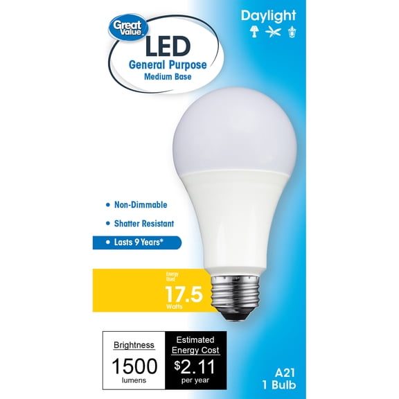 Great Value LED Light Bulb, 17.5W (100W Equivalent) A21 General Purpose Lamp E26 Medium Base, Non-dimmable, Daylight, 1-Pack