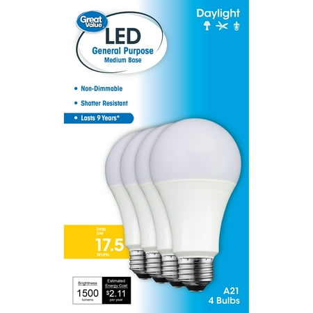 Great Value LED Light Bulb, 17.5W (100W Equivalent), A21 General Purpose Lamp, E26 Medium Base, Non-Dimmable, Daylight, 4-Pack