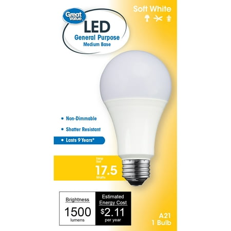 Great Value LED Light Bulb, 17.5W (100W Equivalent) A21 General Purpose Lamp E26 Medium Base, Non-dimmable, Soft White, 1-Pack