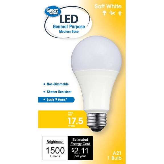Great Value LED Light Bulb, 17.5W (100W Equivalent) A21 General Purpose Lamp E26 Medium Base, Non-dimmable, Soft White, 1-Pack