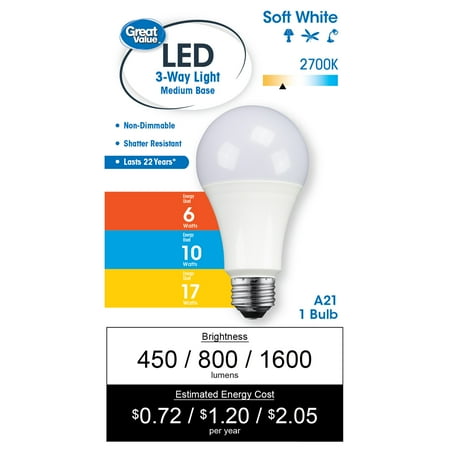 Great Value LED Light Bulb, 17 Watts (100W Equivalent) 3-way Lamp E26 Medium Base, Non-dimmable, Soft White, 1-Pack