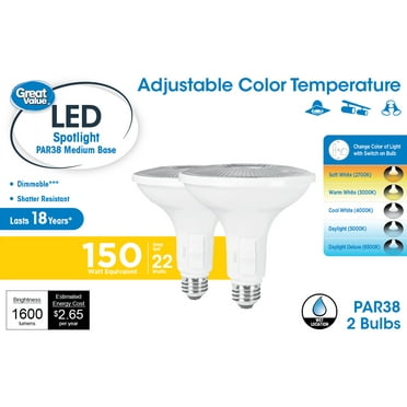 Great Value LED Light Bulb, 18.5 Watts (150W Equivalent) PAR38 Floodlight Lamp E26 Medium Base, Dimmable, CCT, 2-Pack