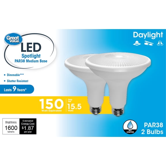 Great Value LED Light Bulb, 18.5 Watts (150W Equivalent) PAR38 Floodlight Lamp E26 Medium Base, Dimmable, Daylight, 2-Pack