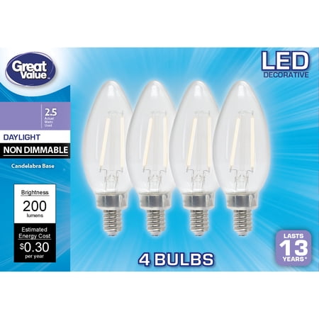 Great Value LED Light Bulb, 2.5 Watts (25W Equivalent) B10 Deco Lamp E12 Candelabra Base, Non-dimmable, Daylight, 4-Pack